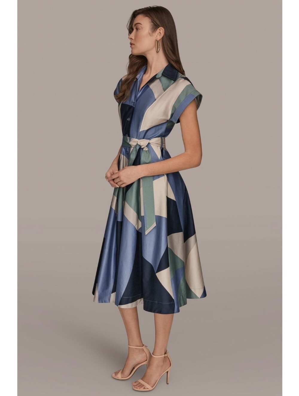 Donna Karan Midi Shirt Dress 12 Pockets Printed Pleated Belted Button Down Blue - Picture 7 of 16